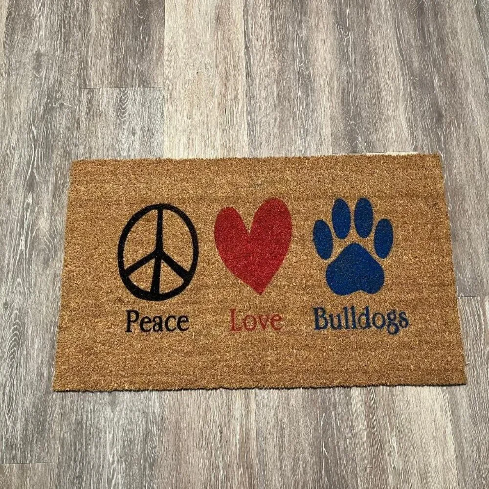 Peace Love Bulldogs decorative coir doormat